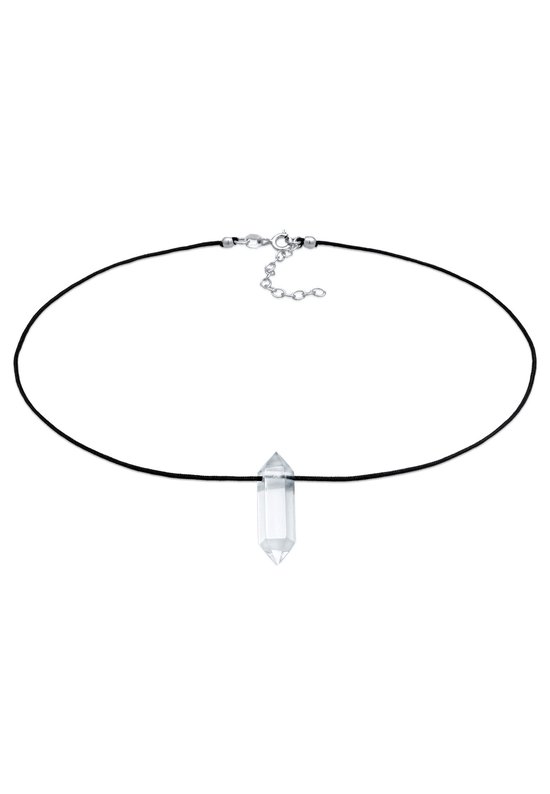 Zwarte nylon choker met een transparante kristallen hanger en 925 sterling zilveren sluiting.