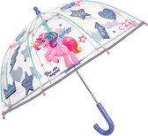Coole Kids Eenhoorn Paraplu voor Meisjes - Stokparaplu met Veilige Opening - Stevige en Windbestendige Paraplu met Transparante Koepel - 3 tot 6 Jaar - Diameter 64 cm, blauw