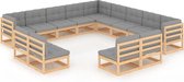 The Living Store Loungeset Grenenhout - Hoekbank - Middenbank - Grijs kussen - 70 x 70 x 67 cm - Montage vereist