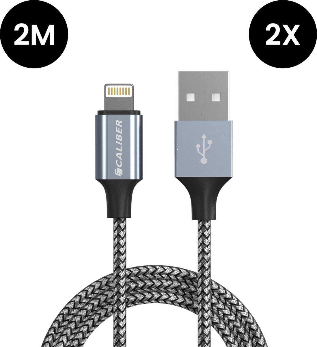 2 x iPhone kabel geschikt voor Apple iPhone - Lightning naar USB Kabel - 2 stuks iPhone oplader kabel - 2 Meter Sterke Nylon Oplaadkabel - Geschikt voor Apple iPhone & iPad - Data en Laden (CL-UL2-2PACK) - Caliber
