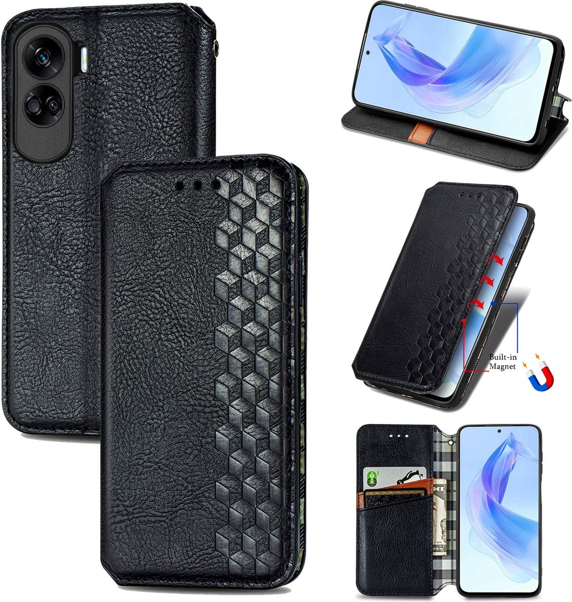 Luxe PU Lederen Ruitpatroon Wallet Case + Screenprotector voor Honor 90 Lite _ Zwart