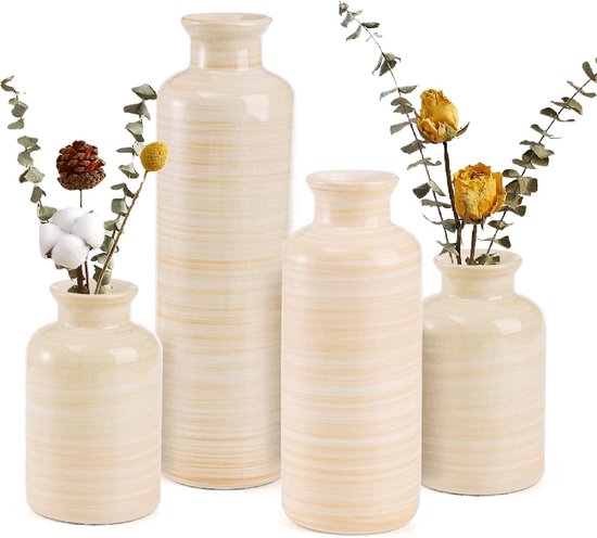 Set van 4 keramische vazen, kleine ivoorkleurige bloemenvazen met een gebarsten afwerking, decoratieve moderne bloemenvaas voor thuisdecoratie, tafelstukken voor de woonkamer, kantooronderzetters, evenementen.