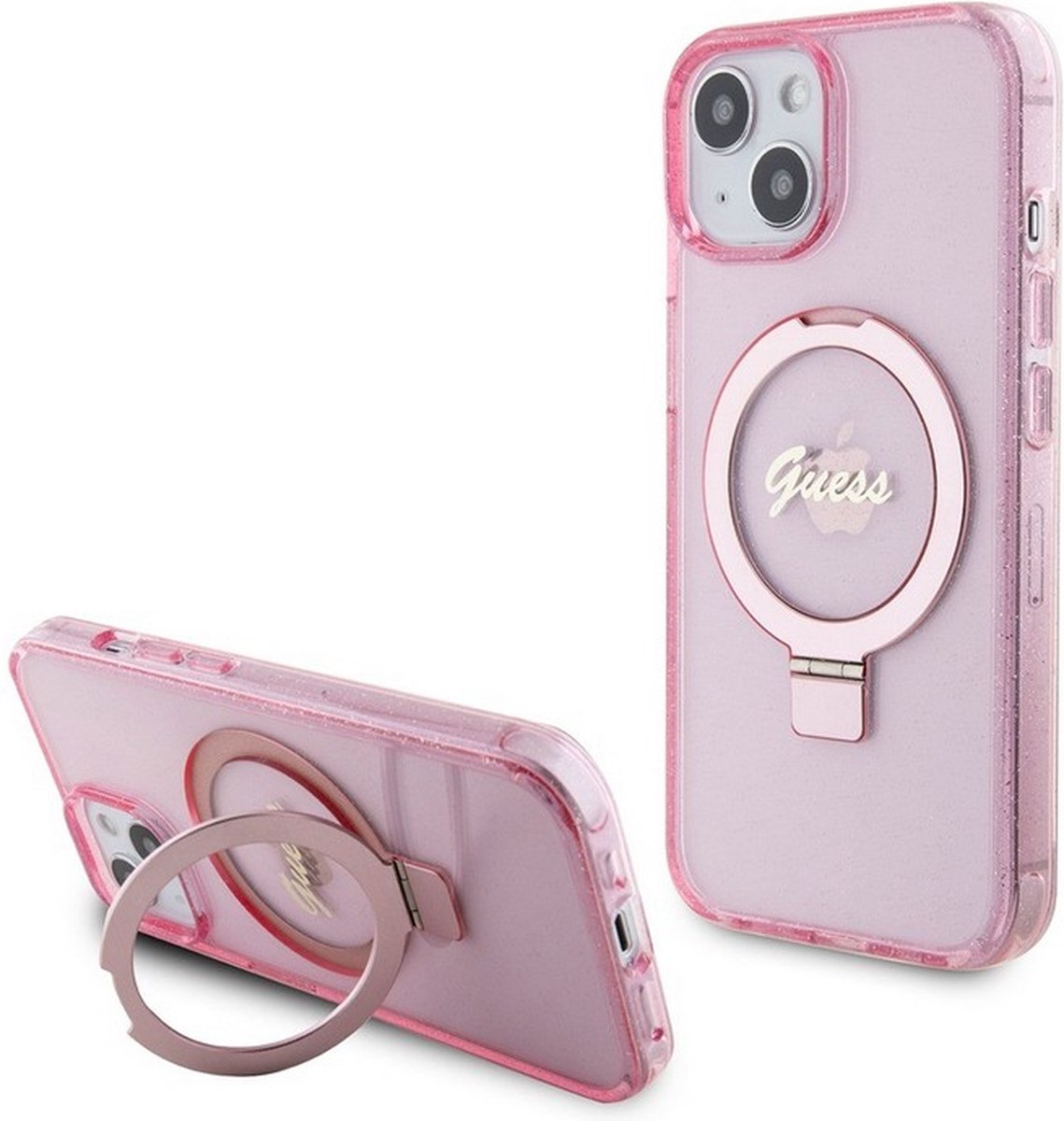 Guess Ring Glitter Back Case (MagSafe Compatible) - Geschikt voor Apple iPhone 15 (6.1") - Roze