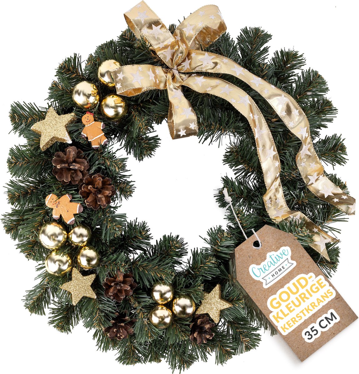 Creative Home Kerstkrans Kunstmatige Adventskrans Goudkleur | Ronde Kerstkrans ∅35cm | Kerstkrans voor Deur, Open haard | Kerstdecoraties Binnen Buiten