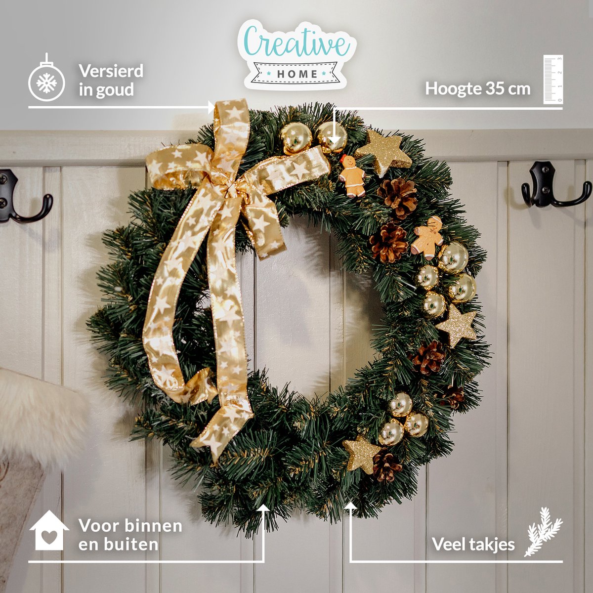 Creative Home Kerstkrans Kunstmatige Adventskrans Goudkleur | Ronde Kerstkrans ∅35cm | Kerstkrans voor Deur, Open haard | Kerstdecoraties Binnen Buiten – foto 2