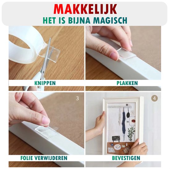 Stapsgewijze handleiding voor het gebruik van de tape: knippen, plakken, folie verwijderen en bevestigen.