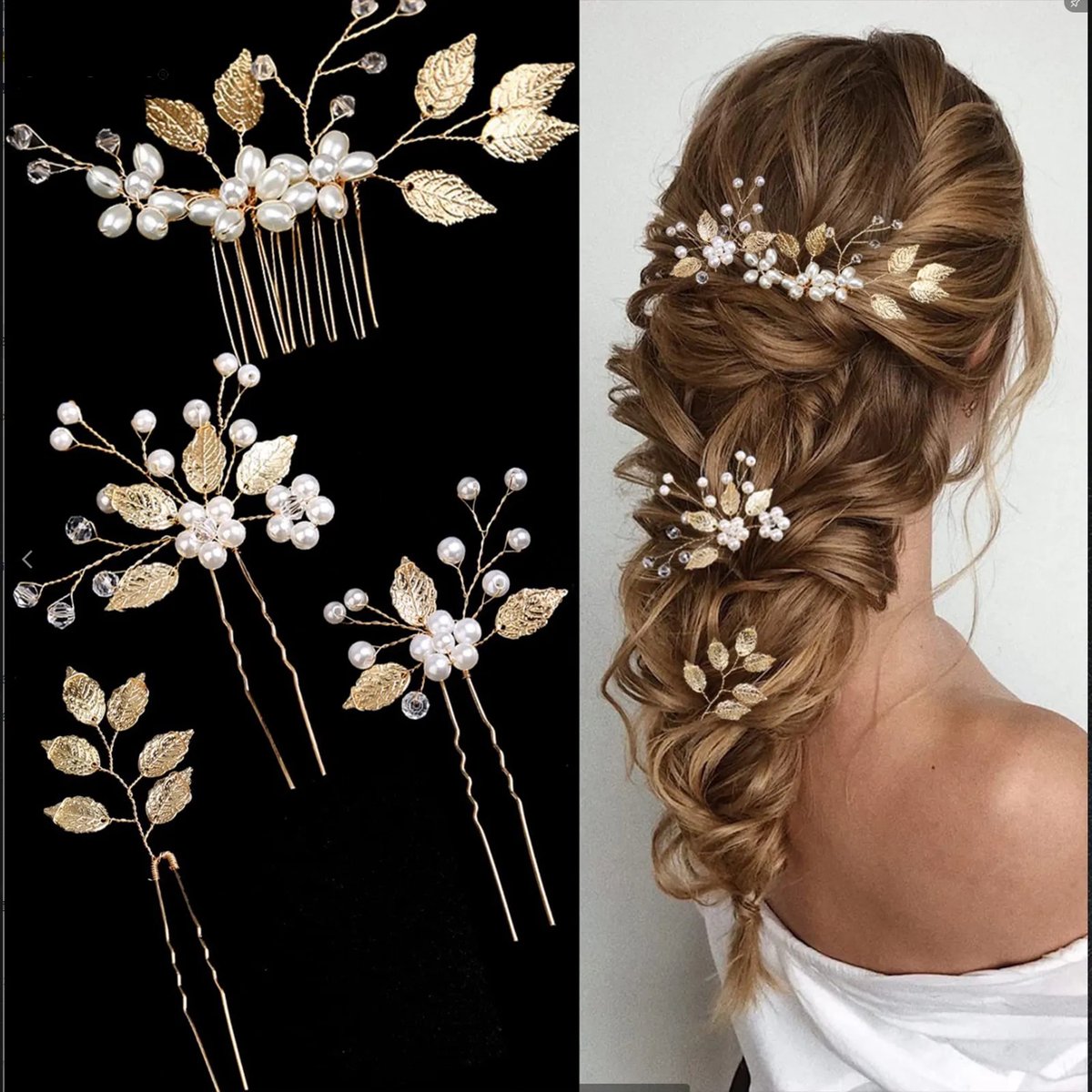 Bruidsmode, haarmode gala feest, goudkleurig, blaadjes, 4 pins