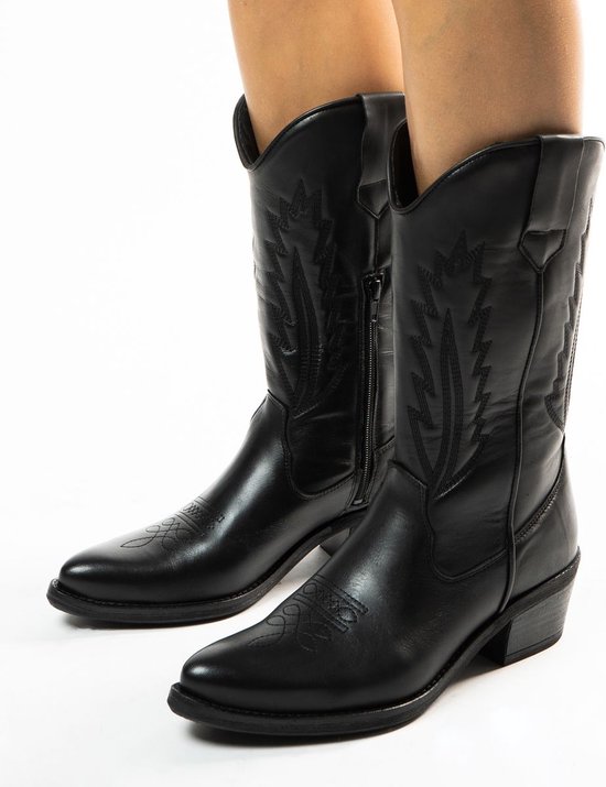 Manfield - Dames - Zwarte leren cowboylaarzen - Maat 41