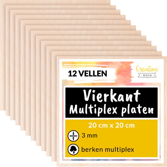 Verpakking met 12 vierkante multiplex platen van 20 x 20 cm, 3 mm dik, van berkenhout.