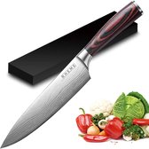 Couteau de chef - Couteau Damas - Couteau de cuisine japonais - 33,5 CM - Acier inoxydable - Ergonomique - Comprend boîte de rangement - Rheme