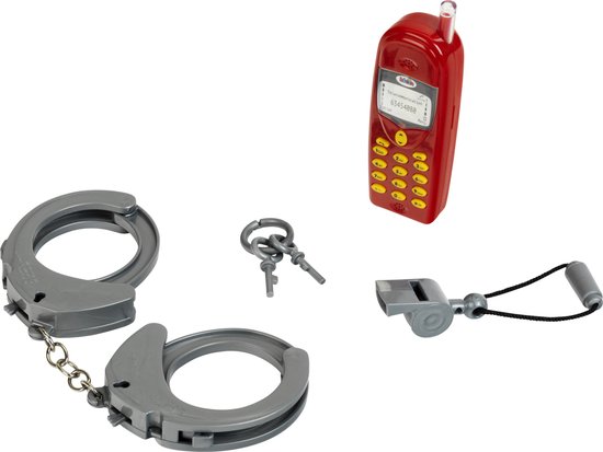 Rode speelgoedtelefoon, grijze handboeien met ketting, twee sleutels en een grijze fluit.