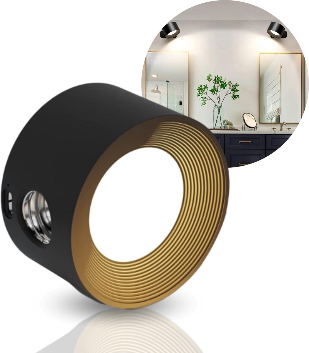 Wandlamp Binnen Led Draadloos – Leeslamp Wand - USB Oplaadbaar – Woonkamer industrieel – Wandspot – 360° draaien - Wandlamp Zonder Snoer – Zonder boren - Zwart