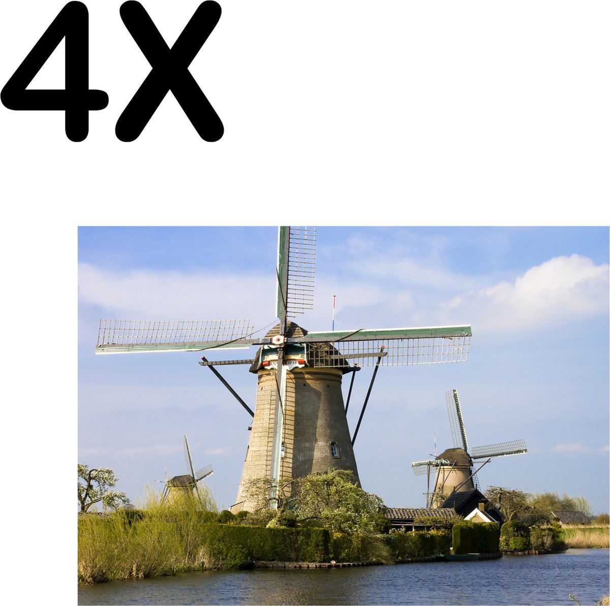 BWK Textiele Placemat - Nederlandse Molens aan het Water - Set van 4 Placemats - 40x30 cm - Polyester Stof - Afneembaar