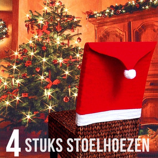 Allernieuwste 4 Stuks Kerst Stoelhoezen Sneeuw 1 - Kerstmuts Stoel Decoratie - Kerstmis Diner Stoelversiering Cover - Rugleuninghoes Stoelhoes - 62x50cm Rood-Wit