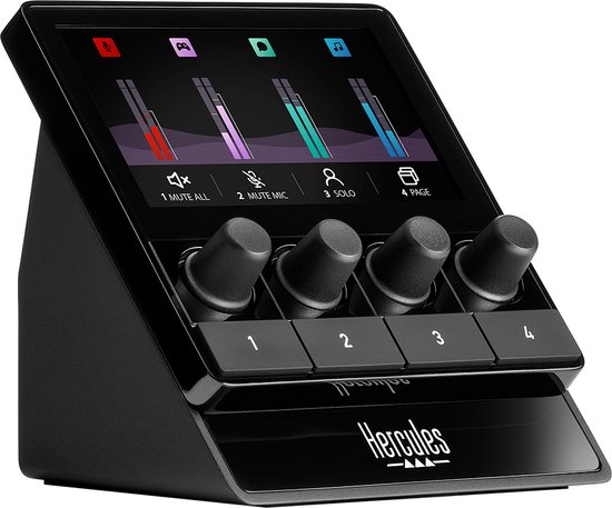 Een zwarte Hercules audiocontroller met een digitaal display en vier draaiknoppen.