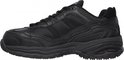 Zwarte Skechers werkschoen, zijaanzicht met veters en gestructureerde zool. Zichtbaar S-logo op de zijkant.