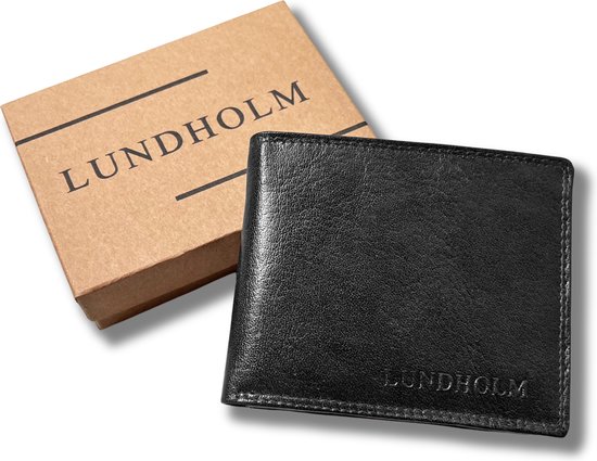 Lundholm Portefeuille cuir de luxe pour hommes RFID anti-skim dans un coffret cadeau - Portefeuille série Reykjavik cuir pour hommes - cadeaux pour hommes cadeau Billfold Zwart