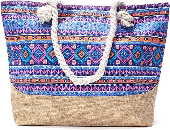 Een vrolijke strandtas met een mooie print (50x36cm) gevoerd en afsluitbaar met een rits aan de binnenkant. Een handige tas om veel in mee te kunnen nemen. Afgewerkt met twee handvaten van gedraaid touw. Voor uzelf of als Cadeau.