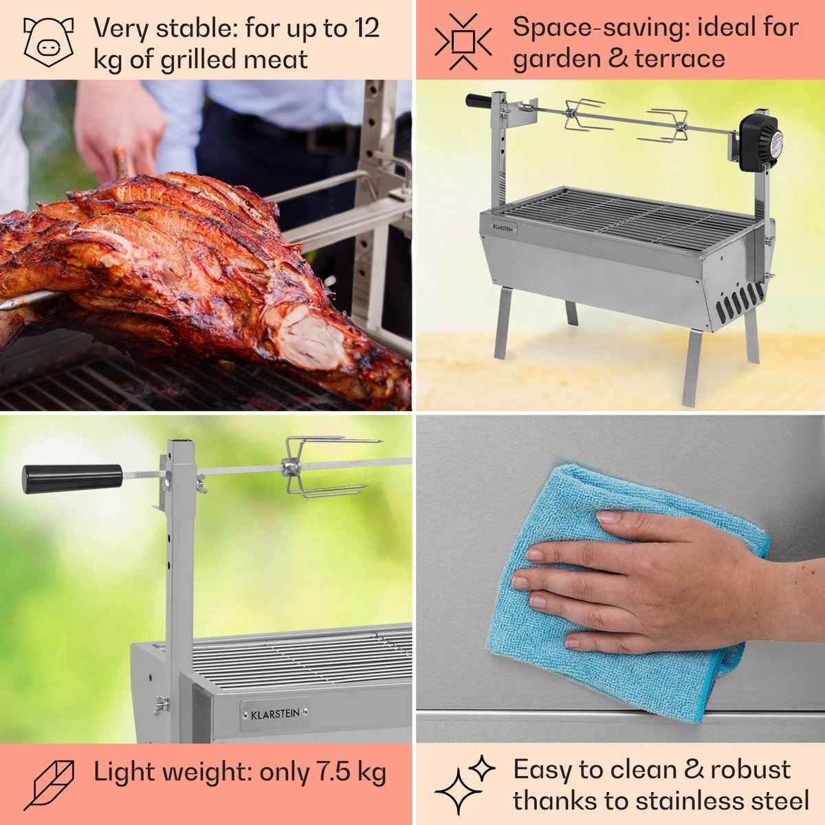 Klarstein Sauenland - Mini draaispit, draaispit, elektromotor: 4 watt, max. Belasting: 12 kg, in hoogte verstelbaar, grillrooster, grillpan, draaispit en poten van roestvrij staal, zilver