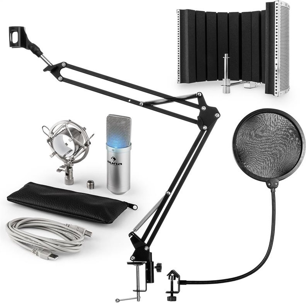 MIC-900S-LED USB microfoonset V5 condensator plopbescherming microfoonscherm & arm - zilver