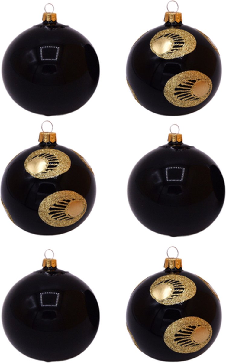 Zwarte Kerstballen met Ronde Gouden Glitter Decoratie en effen glanzend zwart - Doosje met 6 glazen kerstballen