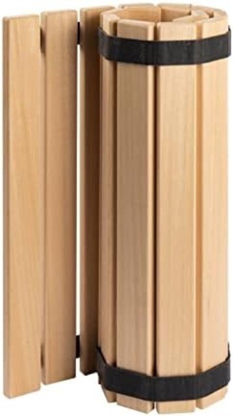 Half opgerold houten lattenproduct met zwarte elastische banden.