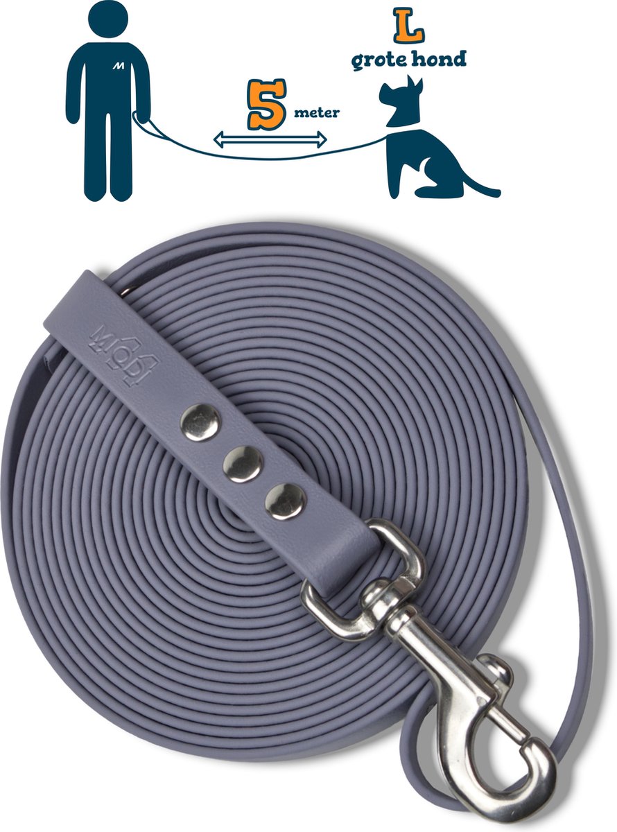 Miqdi lange lijn – BioThane® - grijs – 5meter lang – 19mm breed – L/XL - grote hond – lange hondenriem