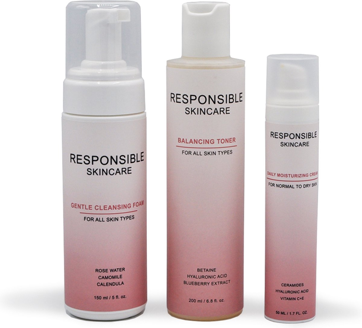 Responsible Skincare Set - (Gentle Cleansing Foam + Balancing Toner + Daily Moisturizing Cream)