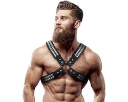 FETISH SUBMISSIVE ATTITUDE™ - MEN'S CROSSED CHEST ECO-LEATHER HARNESS WITH RIVETS