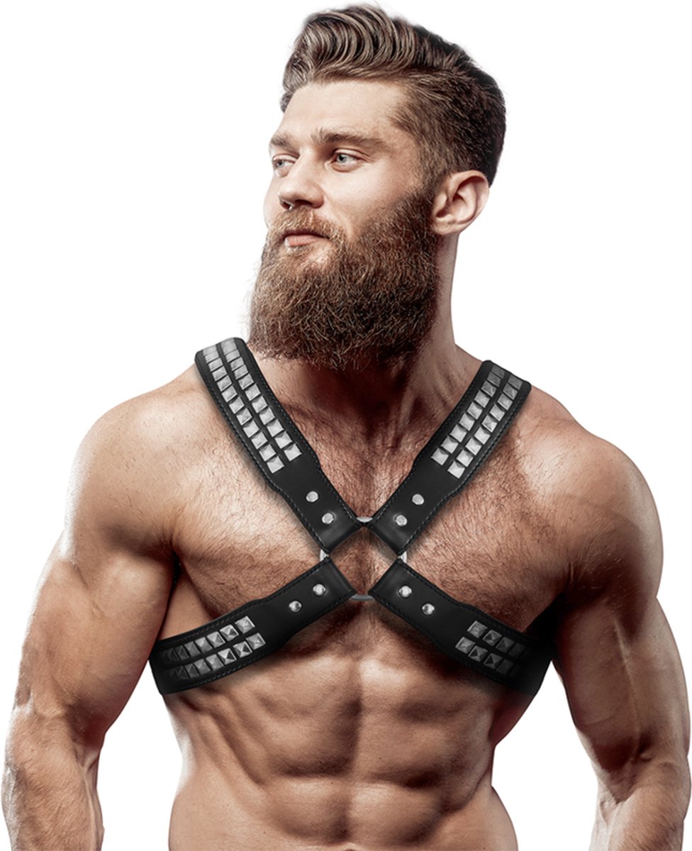 Goedkoopste FETISH SUBMISSIVE ATTITUDE™ - MEN'S CROSSED CHEST ECO-LEATHER HARNESS WITH RIVETS