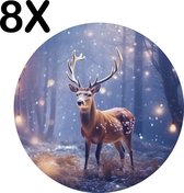 BWK Flexibele Ronde Placemat - Hert in het Bos met Kerst Lichtjes - Set van 8 Placemats - 40x40 cm - PVC Doek - Afneembaar