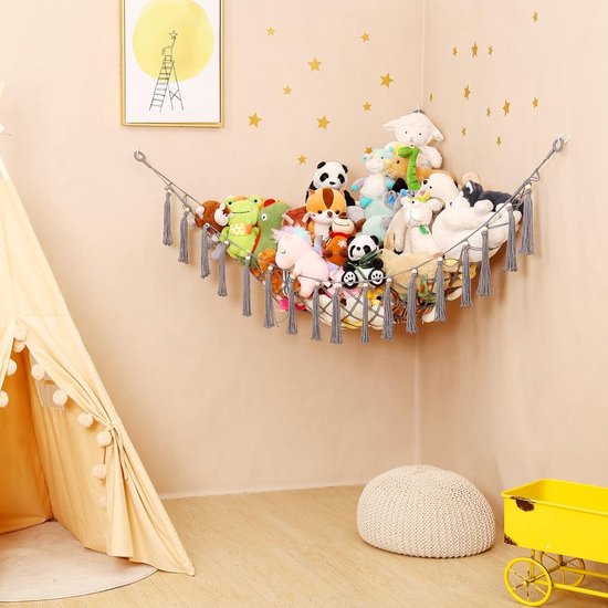 Hamac De Rangement Peluches Macramé Gris – Organisateur Mural Pour Jouets Enfants, 105x105x145 Cm, Style Boho Chic