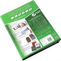 Groene verpakking van Rillstab A4 showmap, met foto's, maten en een tabel.