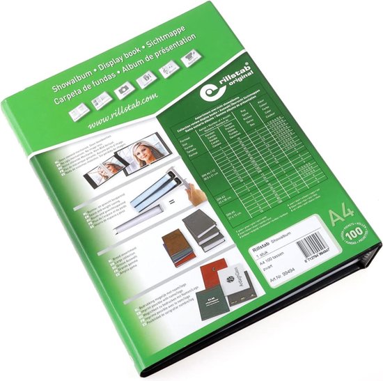 Groene verpakking van Rillstab A4 showmap, met foto's, maten en een tabel.