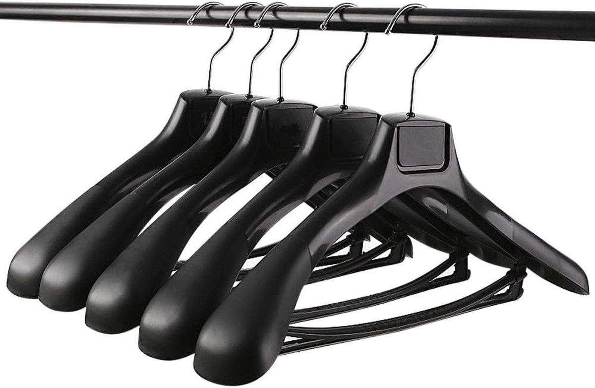 Brede zwarte plastic kleerhangers voor pak jassen en broeken - set van 5
