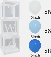 Drie doorzichtig letter ballon blokken Two wit inclusief 24 ballonnen licht en donker blauw en wit - 2 - verjaardag - kubus