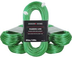 Waslijn met stalen kern, 60 m touw, duurzaam, met 2 spanners, voor de tuin, camping, wasdroger, reservelijn, massief stalen kern, extra sterk, lang, pvc, outdoorkoord, lichtgroen