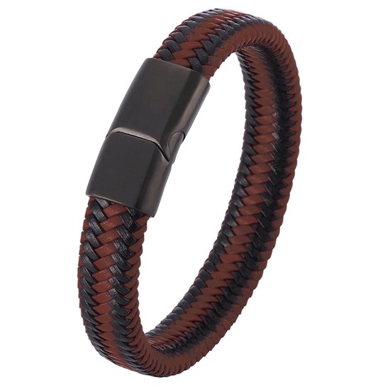 Fako Bijoux® - Armband Leer - Gevlochten - Vlecht - Layer Armband - Magnetische Sluiting - 21cm - Duo Bruin/Zwart
