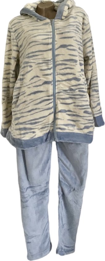 Dames fleece huispak/pyjama met zakken rits en capuchon L/XL 38-40 blauw wit