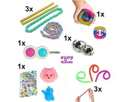 Happy Trendz® Fidget Toys Pakket met Mystery mochi pack - Set met 10 verschillende Fidget Toys: Wacky Tracks, Mochi squeezy , Simple Dimple, Pop It Fidget, Flippy Chain, Monkey Noodles, Snapperz Rainbow