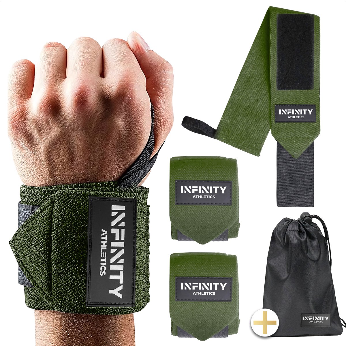 INFINITY ATHLETICS Wrist Wraps - Fitness, CrossFit & Powerliften - Krachttraining Polsband - Sterk Klittenband - Til Zwaardere Gewichten - Gratis Opbergzakje - Groen