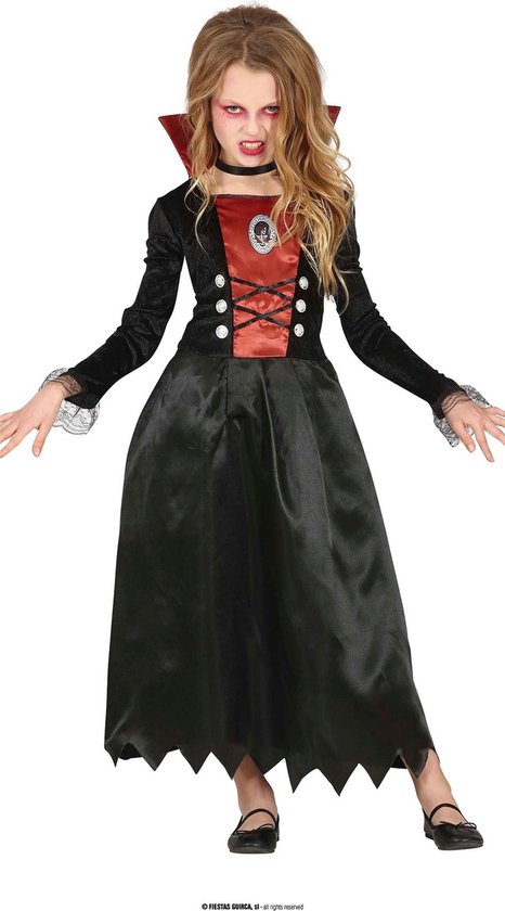 Guirca - Vampier & Dracula Kostuum - Bloeddrinkende Hertogin Roodbloed - Meisje - Zwart - 7 - 9 jaar - Halloween - Verkleedkleding