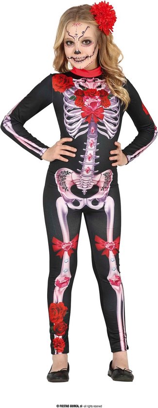 Guirca - Spaans & Mexicaans Kostuum - Vol Van Diamanten Skelet - Meisje - Rood, Zwart - 7 - 9 jaar - Halloween - Verkleedkleding