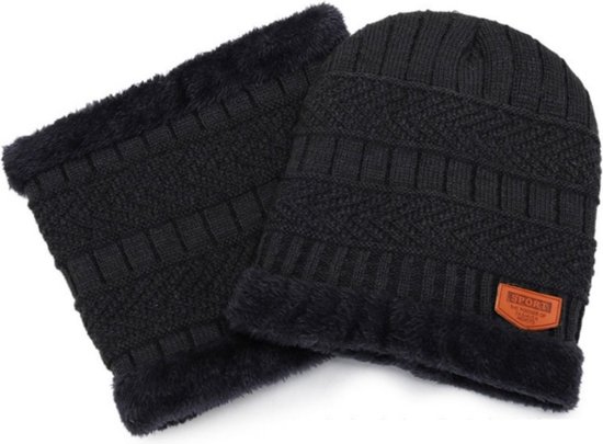 Edmondo Gebreide Beanie Muts en Sjaal Set | Warme Bonnet Winter Muts Met Colsjaal Nekwarmer | Halswarmer Wintermuts Wol Gevoerd | Warme & Zachte Fleece Voering | Unisex | Voor Dames en Heren | Volwassenen - Grijs