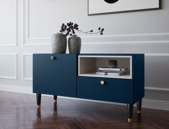 TV-meubel - Includo - 100x55x40 - Plank - Lade - Marineblauw - Gouden accenten