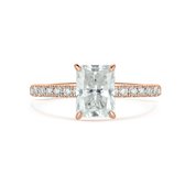 Astra - Ring en or rose 14 carats avec moissanite radieuse, pierres latérales pavées et halo caché - 1,2 carat
