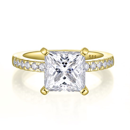 Celestia - 18k Geelgouden Princess Moissanite Ring met Pavé Zijstenen - 3.1 karaat