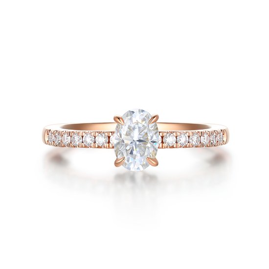 Nina - 18k Roségouden Ovaal Moissanite Ring met Pavé Zijstenen - 0.9 karaat