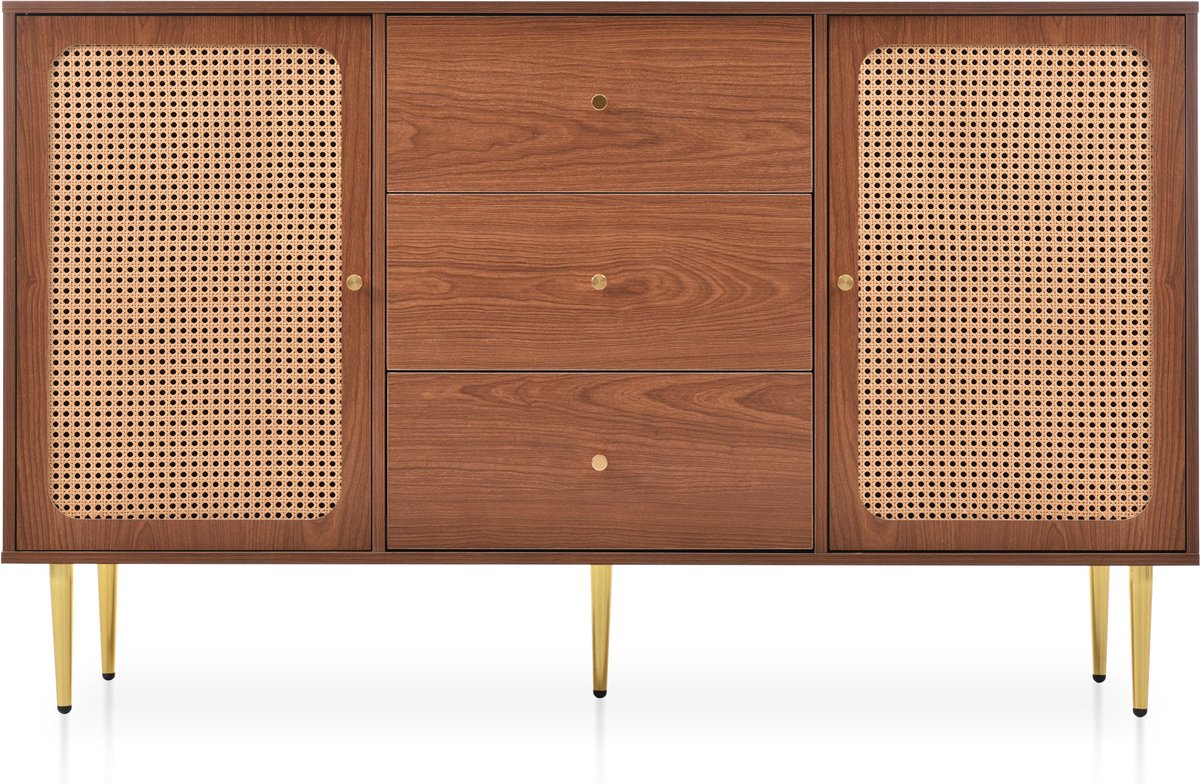 Merax Commode met 2 Deuren en 3 Lades - Rattan Dressoir met Schuifladen en Verstelbare Plank - Walnoot Bruin
