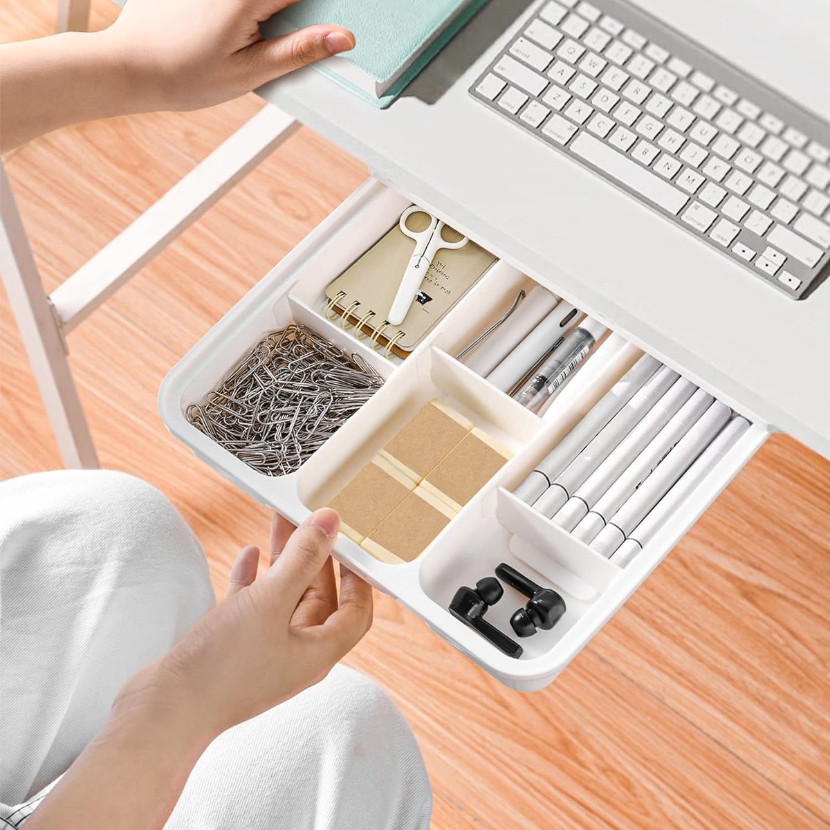 Merkloos Lade onder bureau lade-organizer opbergdoos zelfklevende lade-organizer voor kantoor verborgen ladebox kunststof bureau-organizer (wit)